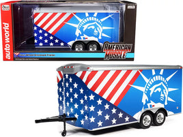 AUTOWORLD AMM1284 FOUR WHEEL ENCLOSED TRAILER 1/18 PATRIOTIC USA FLAG GRAPHIC